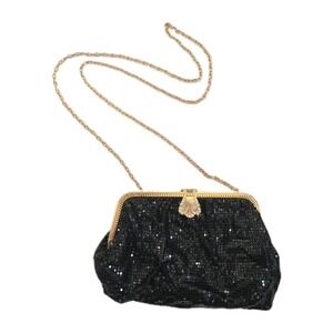 Whiting and Davis Black Mesh Purse Gold Chain Rhinestone Clasp Vintage 1930s
